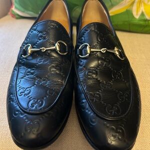 Gucci Embossed Black Leather Loafers with Silver Hardware